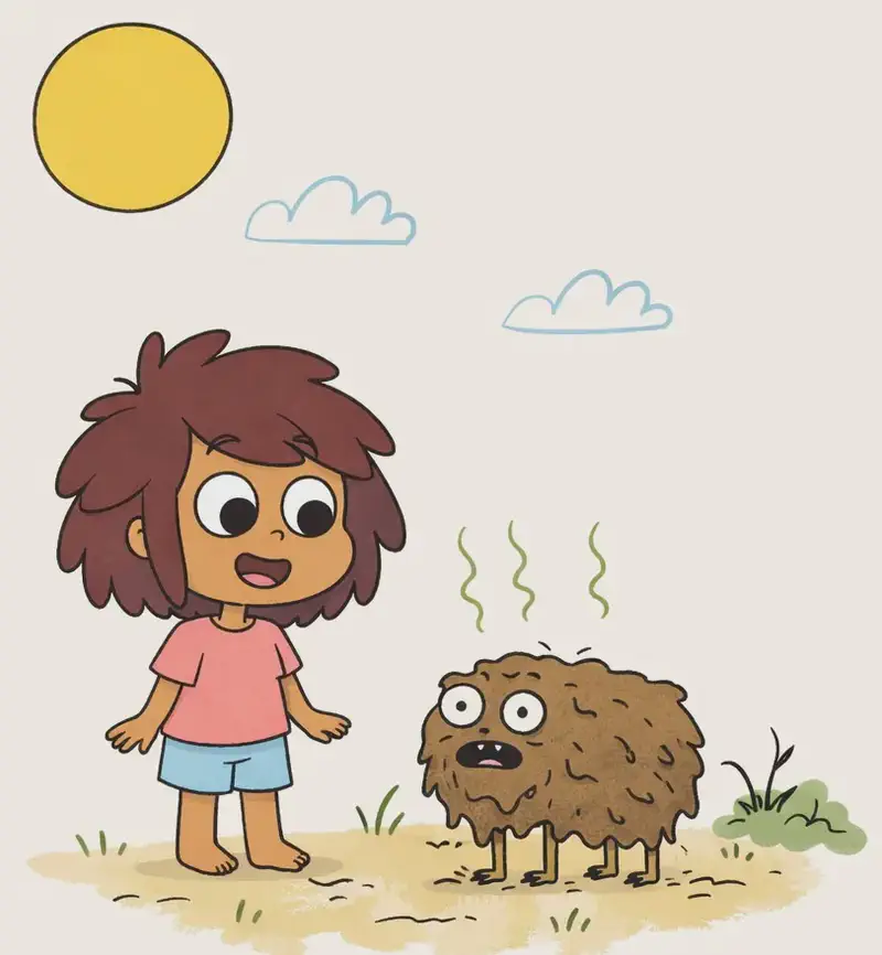 On the left side of the image, The Girl stands on a dry, grassy patch of ground, looking toward Pig with a wide-eyed, amazed expression, her arms held slightly out from her sides. To her right (but still in the left-center area), Pig stands on all fours, completely covered in thick mud and dirt, with green stink lines rising from its body and a grumpy, wide-eyed expression peeking out from beneath the muck. The scene is outdoors on a sunny day with a large yellow sun in the upper-left corner, a pale blue sky with a few white clouds, and some scraggly bushes nearby.