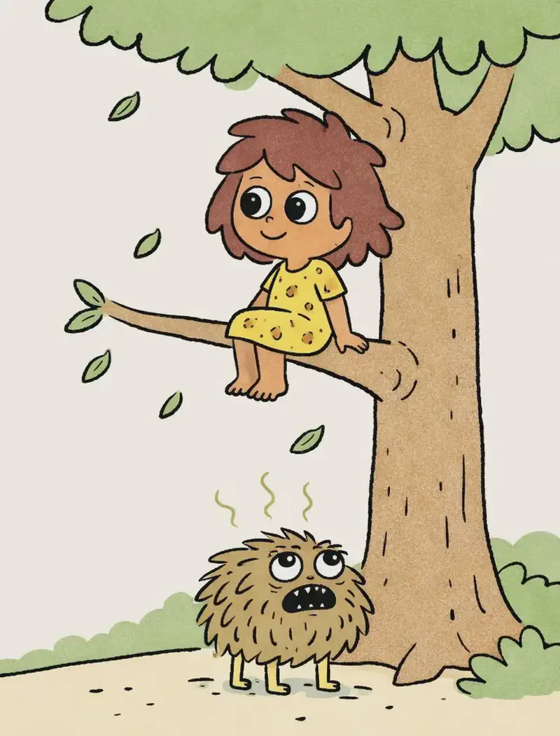 On the right side of the image, a large tree dominates the scene with The Girl sitting on a high branch, visible with a dreamy, content expression as she gazes out at the hillside stretching below her like artwork, wearing her mud-splattered dress. Pig sits at the base of the tree on the ground, looking up with a grumpy, unamused expression, waiting reluctantly. Green leaves drift down from the branches above. The scene is outdoors on a sunny day with a bright yellow sun in the upper left, sandy ground, and green bushes scattered around.