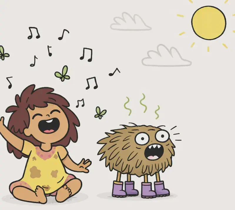 On the left side of the image, The Girl is sitting on the ground with her eyes closed and mouth wide open, singing joyfully with one hand raised in the air, wearing her mud-splattered dress and now barefoot. Beside her, Pig stands with The Girl's boots on its four feet, mouth open making a funny foghorn-like sound, with stink lines and musical notes floating above both of them. Butterflies and leaves swirl around them in the air. The scene is set outdoors on a sunny day in a flat, grassy area with a bright yellow sun in the sky, and wispy clouds. The right side of the image is open background with minimal detail.