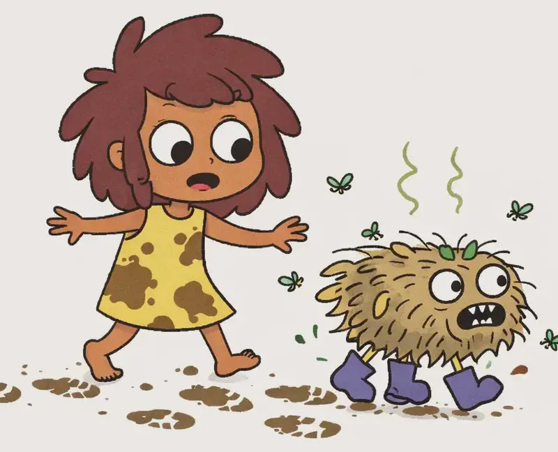 On the left side of the image, The Girl is tiptoeing carefully with a nervous, worried expression, her arms slightly outstretched for balance as she creeps along, wearing her mud-splattered dress and barefoot. Pig walks beside her on all fours wearing boots, looking wide-eyed and anxious, covered in mud and leaves with flies buzzing around both of them. Muddy footprints and boot prints trail behind them against a white background, suggesting they are sneaking through an indoor hallway while leaving a messy trail. The right side of the image is open white space.