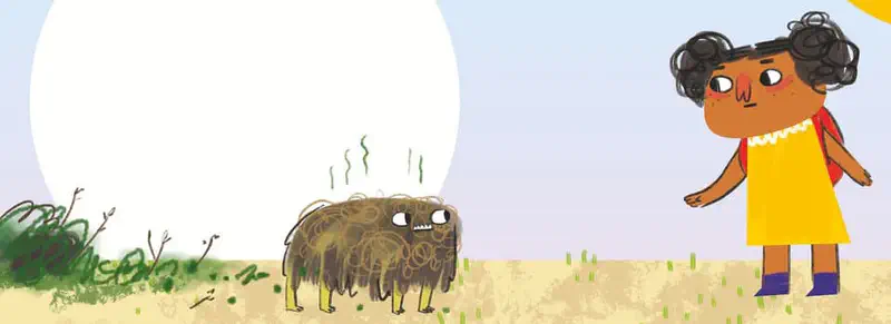 A girl in a yellow dress looks surprised at a smelly, muddy pig covered in dirt and flies in a sunny field.