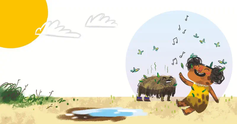 A happy girl sits with a muddy pig surrounded by butterflies and music notes near a puddle on a sunny day.