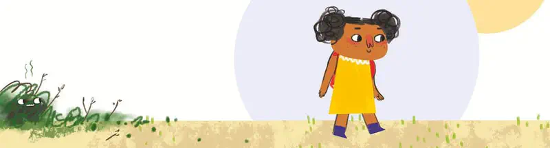 A girl in a yellow dress walks while a smelly pig hides in bushes nearby on a sunny day.