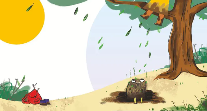 A sad muddy pig sits alone under a tree with falling leaves while a red backpack rests nearby on a sunny day.