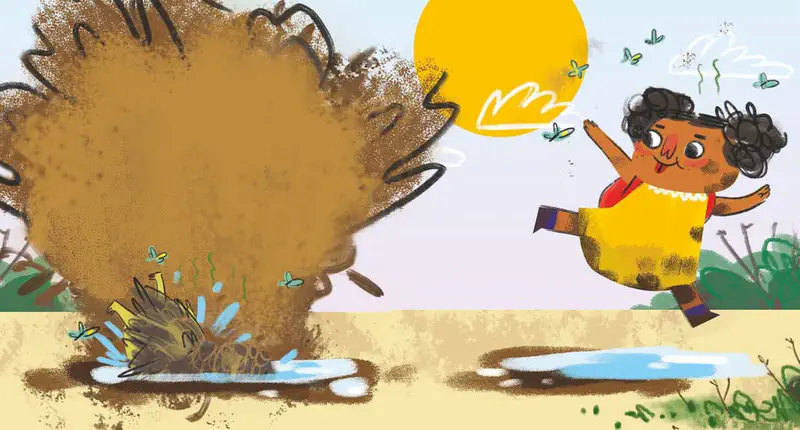 A muddy pig splashes in a puddle creating a big mud explosion while a surprised girl watches nearby.
