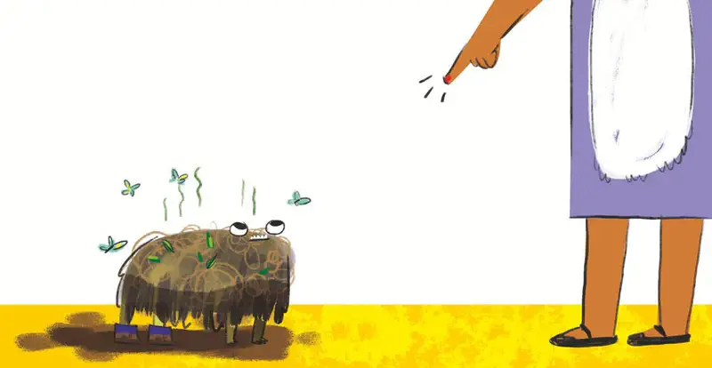 An adult points a finger at a smelly, muddy pig covered in leaves and flies standing on a yellow floor.