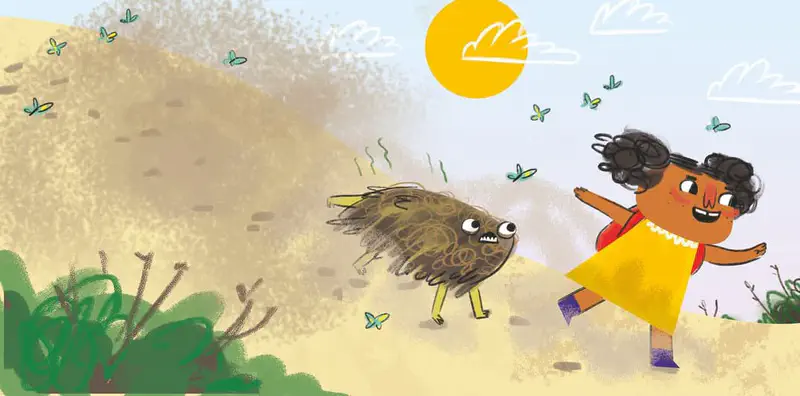 A girl and muddy pig run up a sandy hill together surrounded by butterflies on a sunny day.