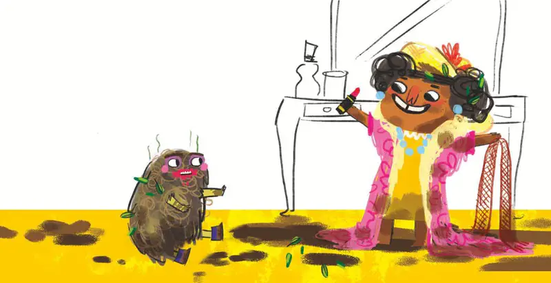 A smiling pig with makeup sits near a girl dressed up in fancy clothes with lipstick at a vanity table.