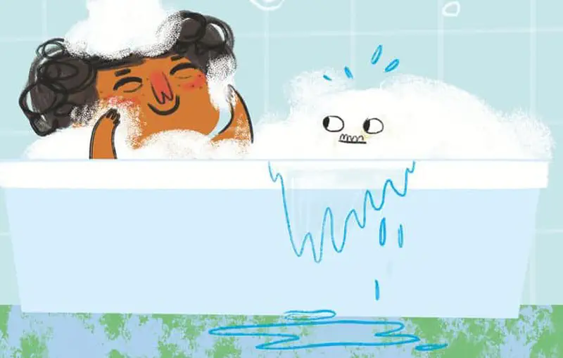 A girl and a pig covered in bubbles relax happily together in a bathtub with water splashing.