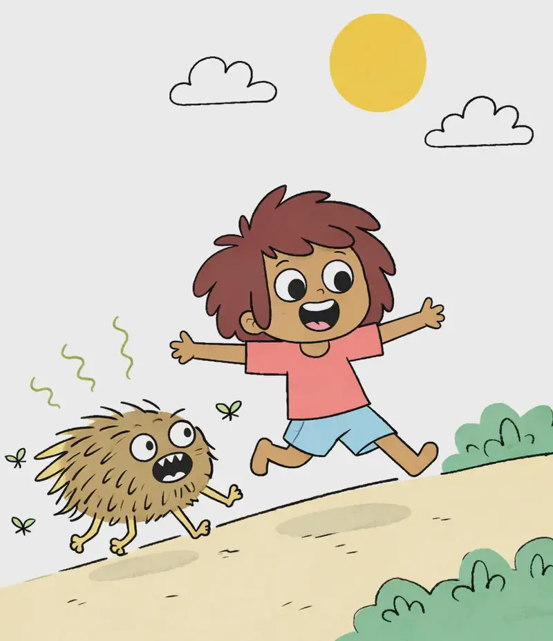 On the right side of the image, The Girl is running joyfully down a sandy hill with her arms spread wide, smiling broadly. In the centre-right, Pig chases after her down the slope, with a goofy grin and stink lines rising from its shaggy body. Small green flies buzz around them both. The scene is set outdoors on a sunny day with a bright yellow sun and white clouds in a blue sky, with green bushes at the base of the hill.