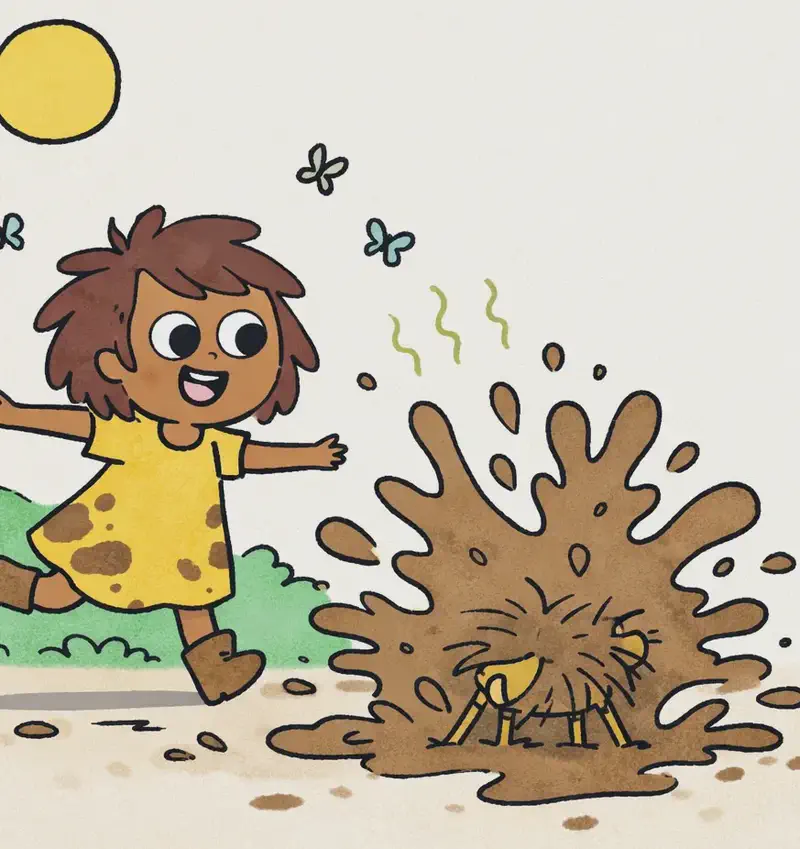 On the left side of the image, The Girl is mid-stride, leaning forward with one arm outstretched and a delighted, open-mouthed smile, wearing a new dress and boots that are getting splattered with muddy water. Pig is mostly obscured by an enormous splash of muddy brown water erupting from the puddle in the centre-left of the scene — it has clearly just jumped in with great enthusiasm. The outdoor setting features a bright sun, green bushes, and a dirt path. Muddy water sprays everywhere like a cloudburst.