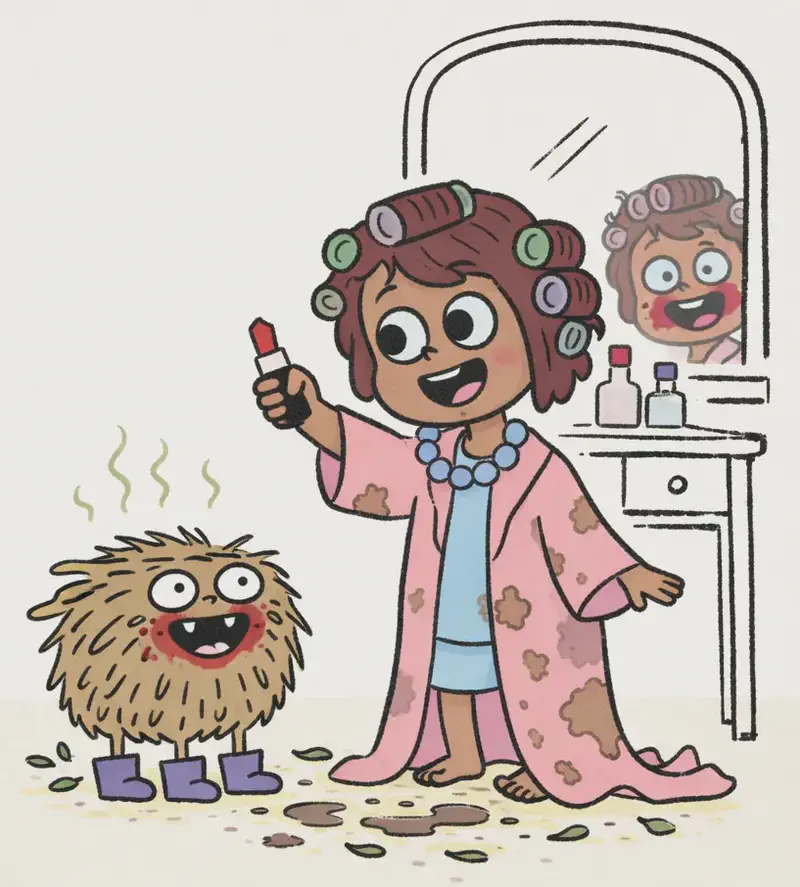 On the right side of the image, The Girl stands in front of a vanity/dressing table, grinning widely with hair curlers in her dark reddish-brown hair, holding up a tube of red lipstick in one raised hand. She wears a blue chunky bead necklace and a long pink robe splotched with mud patches over a light blue dress, with bare feet. Pig stands on the floor to her left (centre of the image), facing forward with a comically exaggerated grin — it has red lipstick smeared all around its mouth, wavy stink lines rising from its shaggy fur, still wearing purple boots on its feet, with muddy footprints and scattered green leaves on the cream floor around it. The scene is set indoors in a bedroom, with a mirror and perfume bottles visible on the white dressing table behind The Girl. In the mirror, The Girl's grinning face is reflected back, with red lipstick smeared on her cheeks and her curler-filled hair.