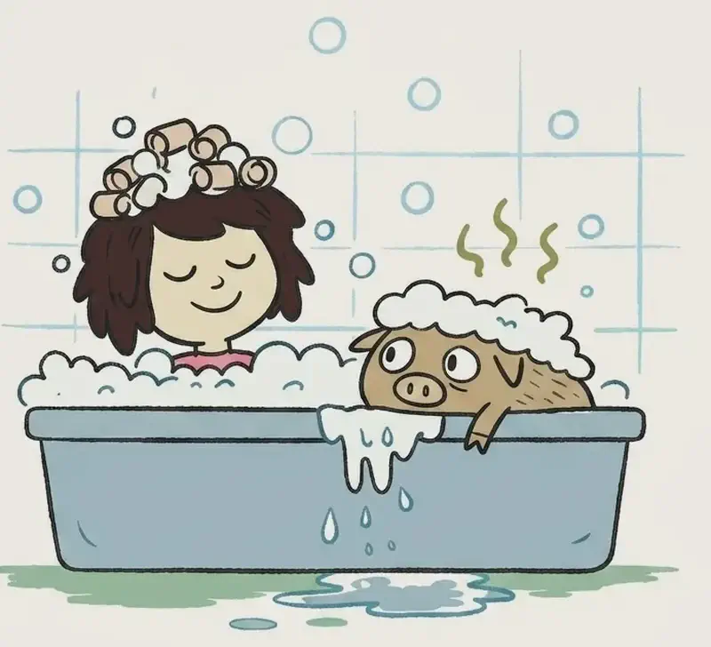 On the right side of the image, The Girl and Pig are sitting together in a blue-grey bathtub filled with bubbly, soapy water, set against a faintly tiled bathroom wall, while the left half of the image is empty cream-coloured background. The Girl is smiling happily with her eyes closed, her shoulder-length dark brown hair topped with a pile of white foam and a few hair curlers still nestled in it, the collar of her pink top just visible above the bubbles, clearly enjoying bath time. Pig, with light brown skin, is peeking out from under a mound of white bubbles next to her on the right, with wide eyes and a slightly nervous expression, one trotter resting on the tub's rim as foam and water drip over the edge, and a few wavy green stink lines rise above his sudsy head. Soap bubbles float through the air around them, and a small puddle of water has formed on the green-tinged floor below the tub.