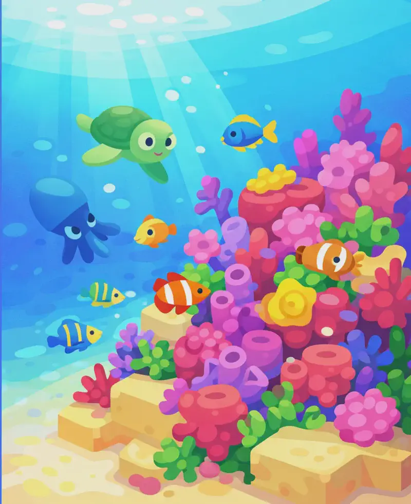 A vibrant underwater ocean scene viewed from above, with the right side showing a colorful coral reef teeming with bright pink, red, and purple corals growing on sandy blocks, while the left side shows the deeper open ocean in calm blue tones. Various sea creatures — small tropical fish, a squid, and a turtle — can be seen swimming among the coral on the right side of the image, depicting a reef that teems with life. The scene is set in clear, sunlit shallow waters with light filtering down from the surface.