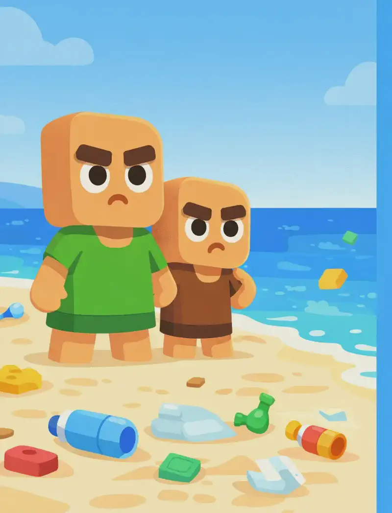 On the left side of the image, two Minecraft-style villager characters stand on a sandy beach looking out toward the ocean with concerned, determined expressions. They face the viewer at a three-quarter angle. One is taller and the other shorter, both standing together. They face a large body of blue ocean water that fills the right portion of the scene. The beach setting is bright and sunny with a clear sky, and scattered trash and litter — plastic blocks, discarded items — can be seen spread on the sand at their feet, reinforcing the theme of ocean pollution and the need to keep seas clean.