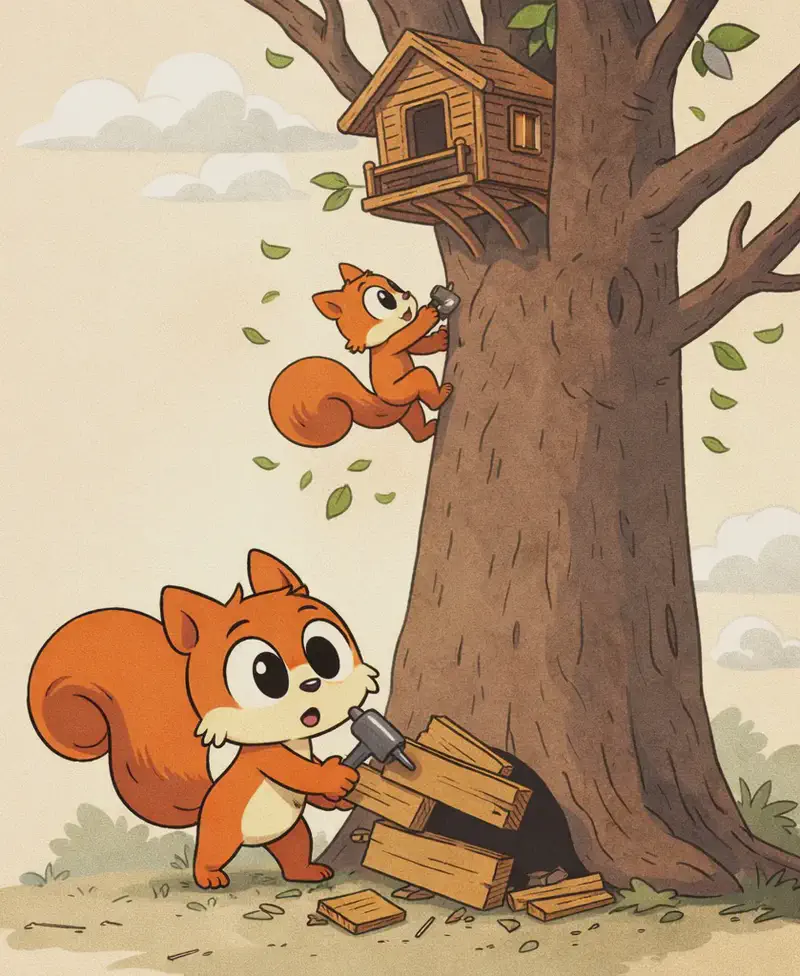 On the right side of the image, Pip is shown twice in a sequential scene. In the lower right, Pip stands with a determined expression, hammering wooden planks over a hole at the base of a large tree. In the upper right near the tree trunk, a smaller Pip is seen climbing upward toward a treehouse nestled in the branches above, with green leaves scattering in the breeze. The scene is set outdoors on a calm day with soft, muted earthy tones, wispy clouds in the sky, and a tall bare-branched tree dominating the right side of the composition. The left ~40% of the image is plain background.