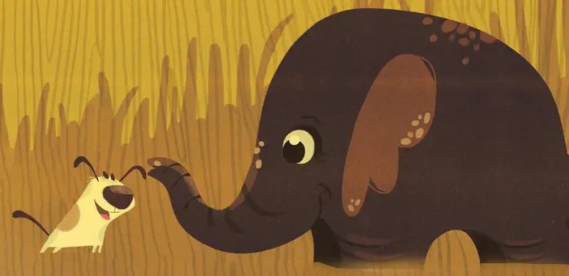 A happy yellow puppy meets a friendly brown elephant touching noses in tall golden grass.