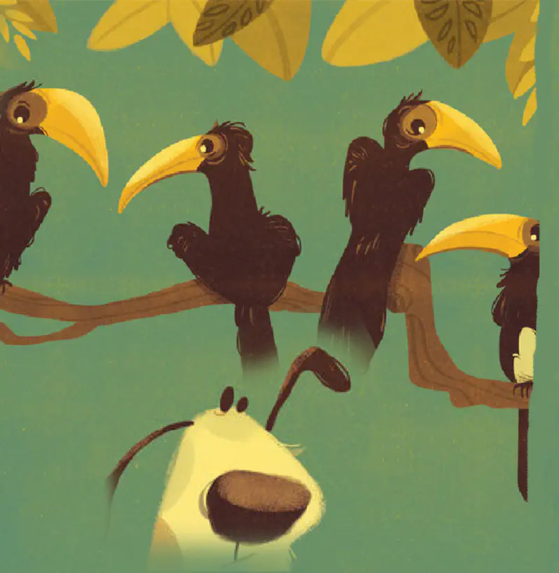A yellow puppy looks up curiously at five black toucans with yellow beaks perched on a tree branch.