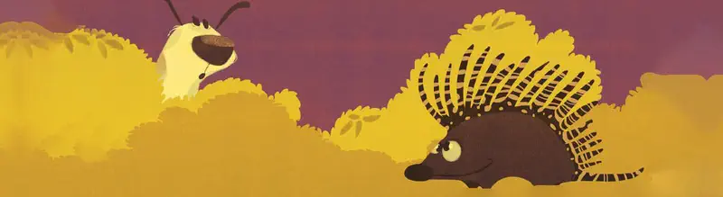 A curious yellow puppy peeks through bushes at a brown porcupine with yellow quills at sunset.