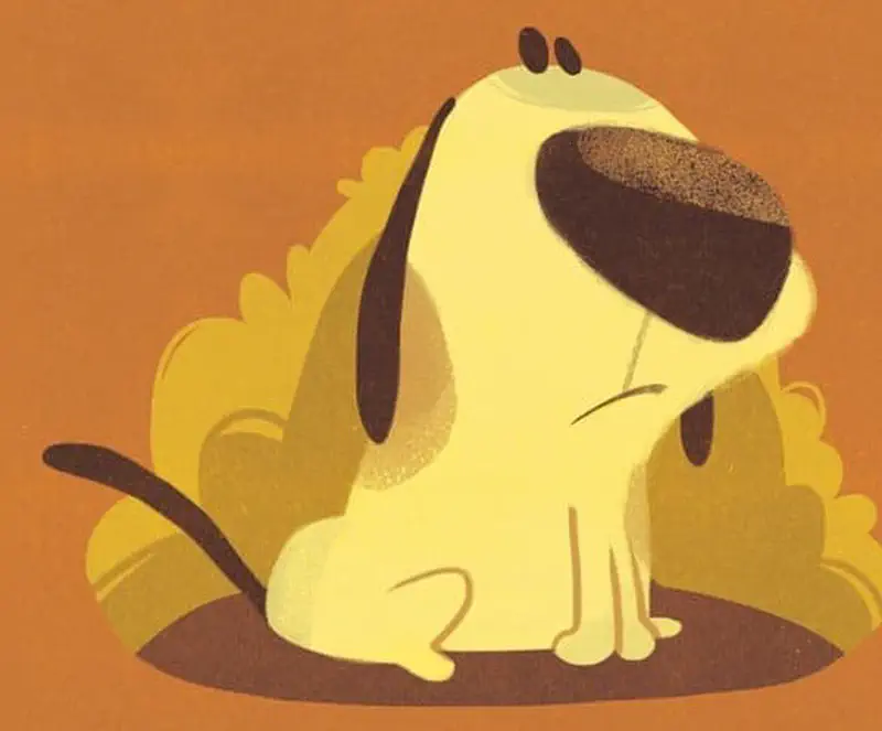 A yellow puppy with brown ears sits peacefully with eyes closed in front of yellow bushes on an orange background.