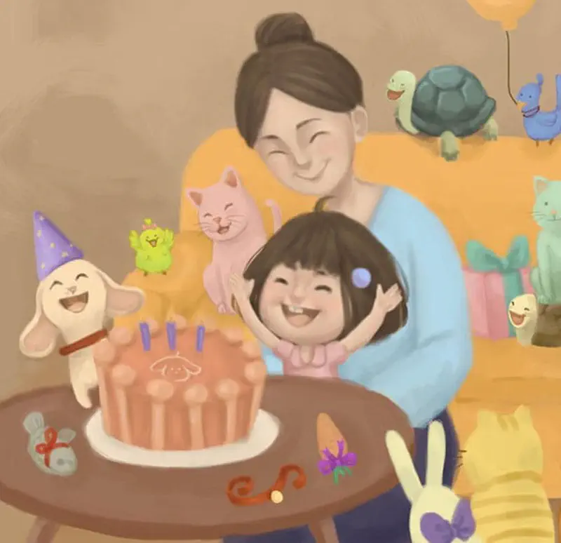 A mother hugs a happy girl at a birthday party with a cake, surrounded by a puppy, cat, bunnies, turtle, and gifts.