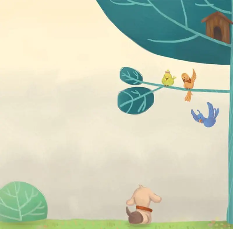 A puppy watches colorful birds on a tree branch, including a yellow chick, orange bird, and blue bird near a birdhouse.