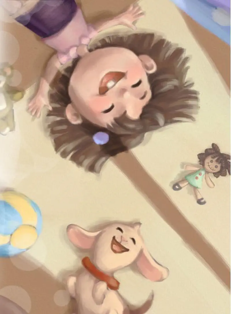 A girl lies on the floor playing with a happy puppy, surrounded by toys including a doll, ball, and stuffed animals.