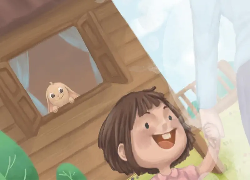 A happy girl waves outside a wooden treehouse while a cute puppy peeks through the window above her.
