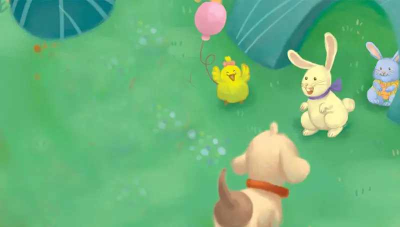 A puppy meets friends on green grass including a yellow chick with a pink balloon and white and blue bunnies.