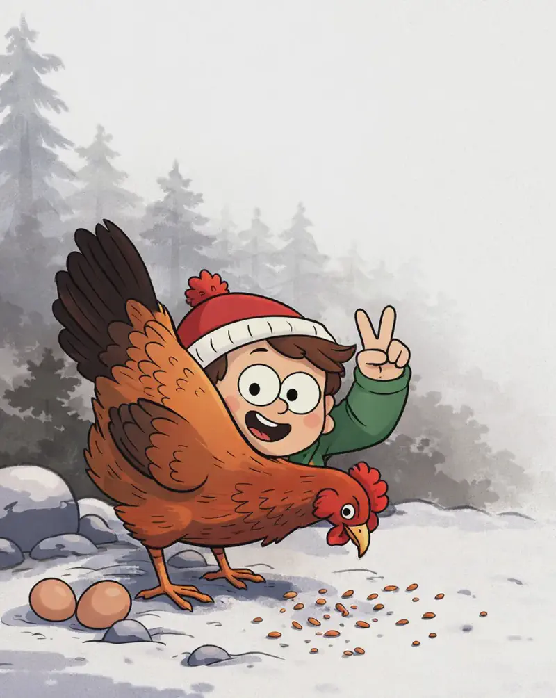 On the left side of the image, Child is crouching or lying low on the ground behind a red hen, peeking out with a cheerful expression and holding up two fingers in a peace/victory sign. The hen stands in the foreground pecking at scattered feed on the snowy ground, with two eggs visible nearby among some rocks. The scene is set outdoors in a wintry suburban yard with soft gray trees and misty atmosphere in the background. The right side of the image is open, plain background.