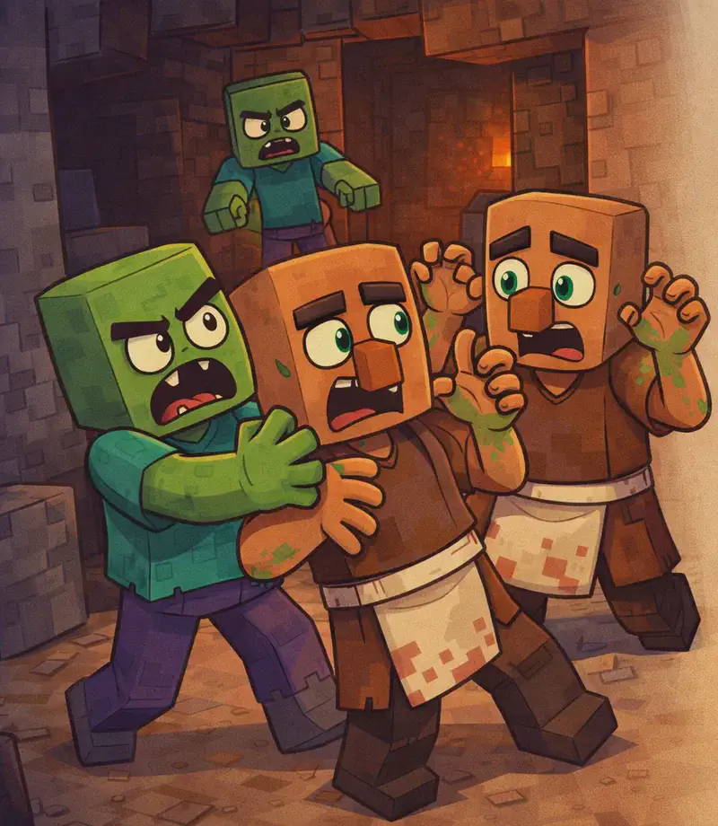 On the left side of the image, a Zombie lunges forward inside a dark cave, grabbing and biting the nearest Villager while scratching at them with its other hand. The Villager recoils with arms raised in a frightened, defensive pose. Behind the first Villager, the second Villager stumbles backward in panic, patches of green beginning to appear on their skin as the zombie infection starts to take hold. A second Zombie watches menacingly from deeper in the cave behind the first. The scene is set in a dim, shadowy cave with grey stone walls and brown dirt blocks, lit with faint reddish light from deeper within. The right side of the image is a plain semi-transparent overlay over the cave background, left clear for text.