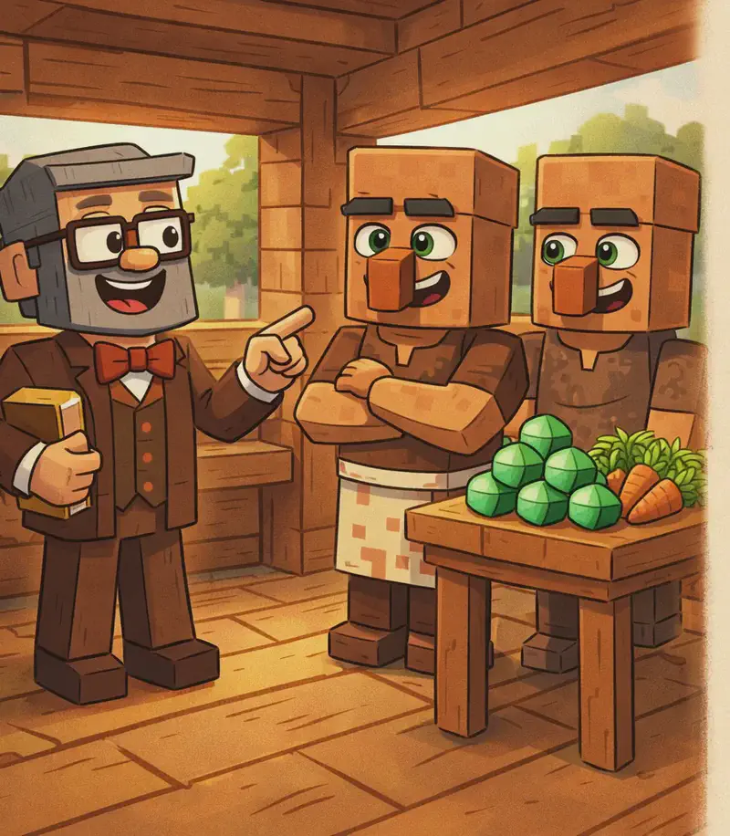 On the left side of the image, Narrator stands facing two cured Villagers inside a cosy wooden structure, all three smiling warmly. The nearest Villager, fully restored to normal with medium-brown skin, their classic brown tunic, and oversized nose, grins gratefully at Narrator. A second cured Villager stands just behind the first, also beaming with gratitude. Between them, a small wooden table displays a pile of bright green emeralds and bundles of crops as generous trade offerings. The scene is set inside a wooden building with green foliage visible through the windows, bathed in warm daylight. The right side of the image is reserved for text overlay.
