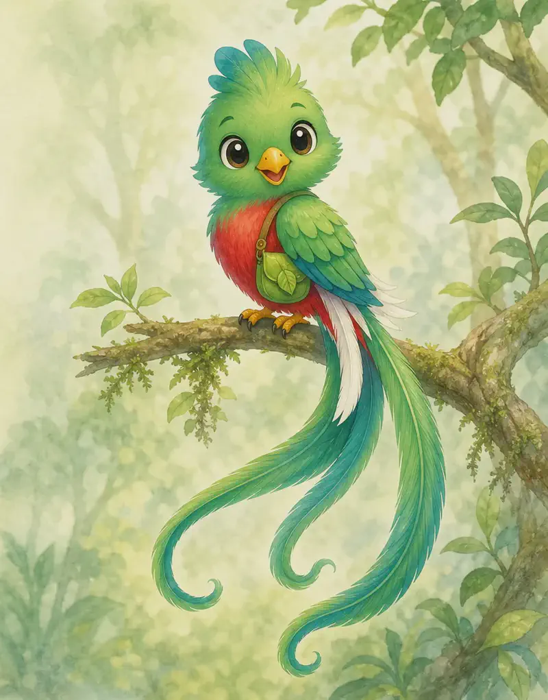 Introduce Quique. Show his full body perched on a mossy, leafy branch on the right side of the composition, facing the viewer in a friendly front three-quarter pose so his beautiful long green-and-blue tail trails dramatically below him in graceful curls, with white under-tail feathers. He has a green crested head with a small blue tuft, a red chest, a cheerful open-beak smile, and wears a little green leaf satchel on a strap. Soft watercolor forest background fading to pale green open space on the left. Mood: graceful and welcoming.