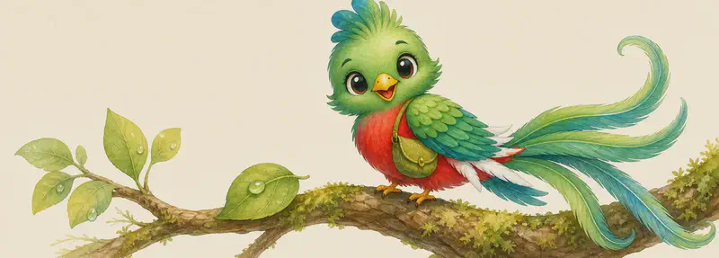 A clearer close-up of Quique standing or perched, showing the green/red/white feathers, the charming crest, and small body size. A small leaf nearby can hint at his small scale. Mood: showcase of beauty.