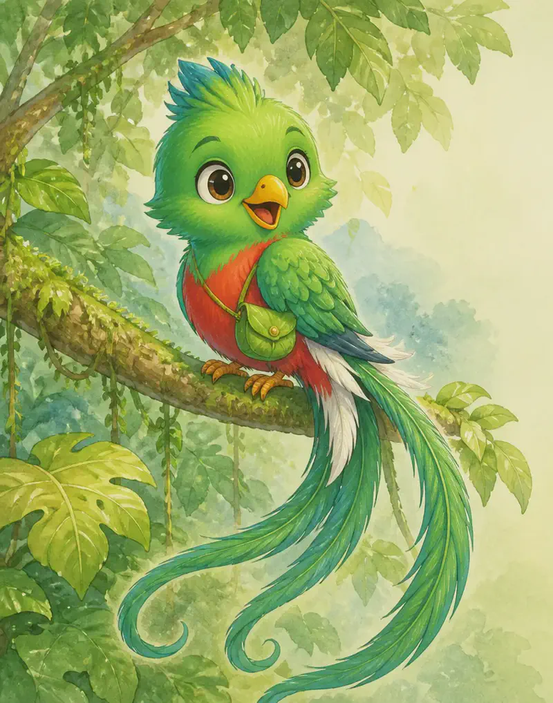 A clear view of Quique's head turned to show his yellow beak prominently. He perches on a forest branch with lush leafy foliage around to suggest the forests of Guatemala. Mood: proud of origins.