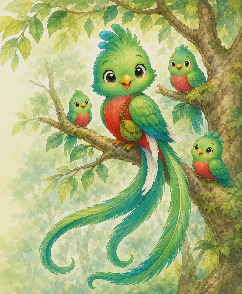 Quique perched on a branch in the nature park, his long, shining tail clearly displayed; nearby on the same tree, a small group of family quetzals (his "family"). Mood: belonging, home.