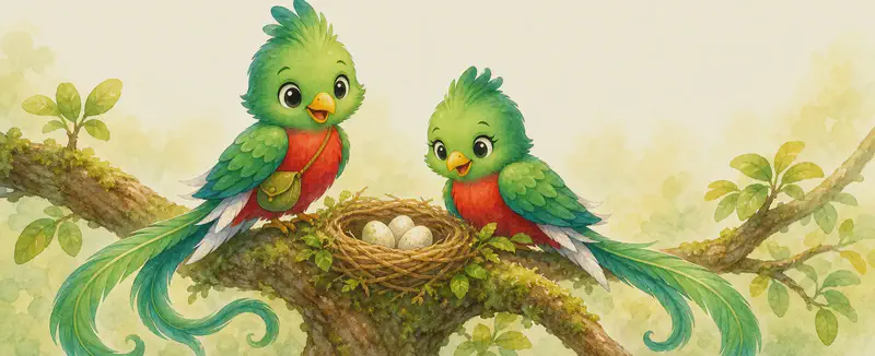 Quique and a female quetzal at a small nest among tree branches, two or three small eggs in the nest. The pair stand or perch beside the nest looking gently after the eggs. Mood: tender family care.
