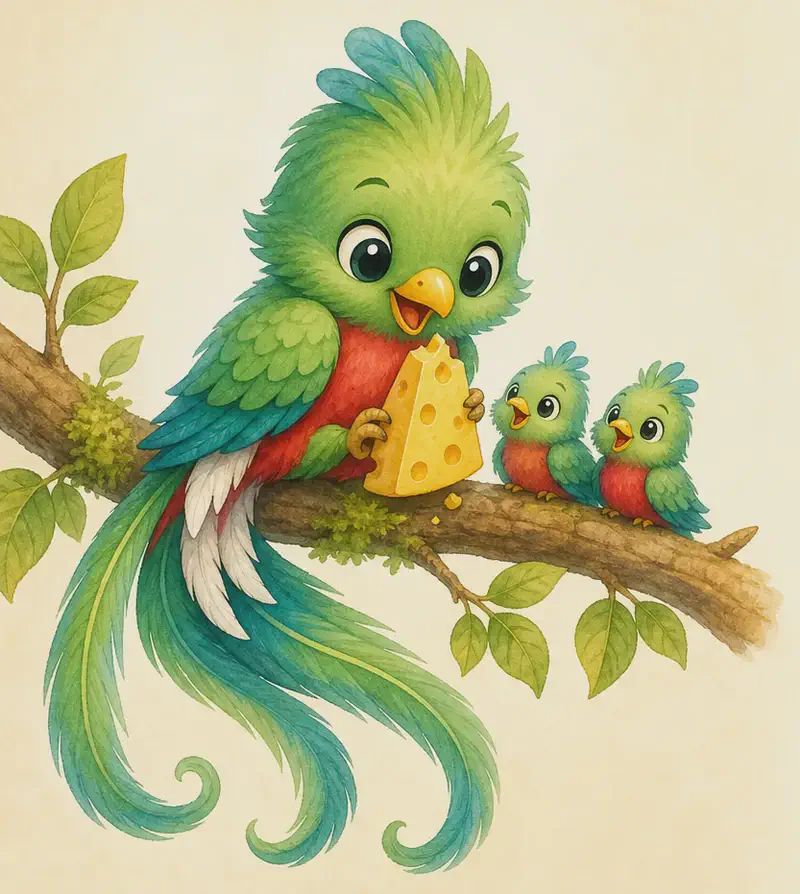 Quique pecks happily at a small wedge of yellow cheese held between his feet on a branch, while one or two baby quetzals nearby peep up expectantly. Quique's beak is mid-peck. Mood: cheerful, generous family time.