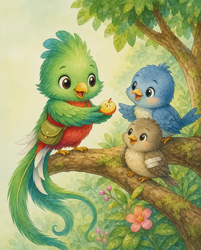 Quique holds a piece of fruit out toward another bird, while a second small bird with a tiny bandaged wing sits nearby. Quique looks kind and welcoming. Setting: a friendly perch in the park. Mood: generosity and care.