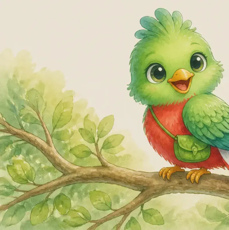 A heartwarming closing portrait of Quique perched proudly on a branch with his long tail trailing and a soft, contented smile. Mood: warmth, beloved closing page.