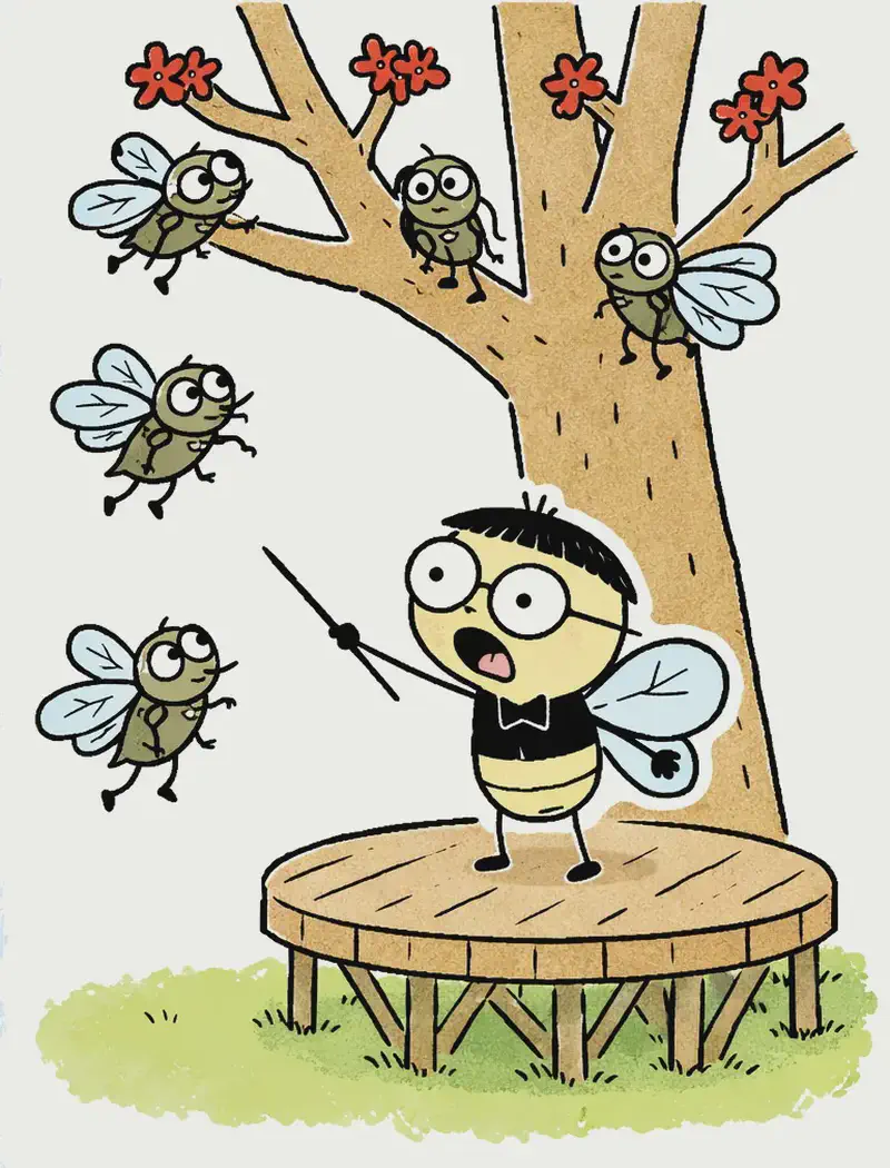On the right side of the image, Pang stands on a round wooden stage built around a large tree with red blossoms, looking anxious with wide eyes and an open mouth as he gestures to gather the other cicadas. Several cicada choir members with translucent wings are arriving — two are flying up onto the stage, one hovers nearby below, and two more perch in the tree branches above. The outdoor scene is set on a warm, sunny day with blue sky and green grass visible beneath the elevated wooden platform.