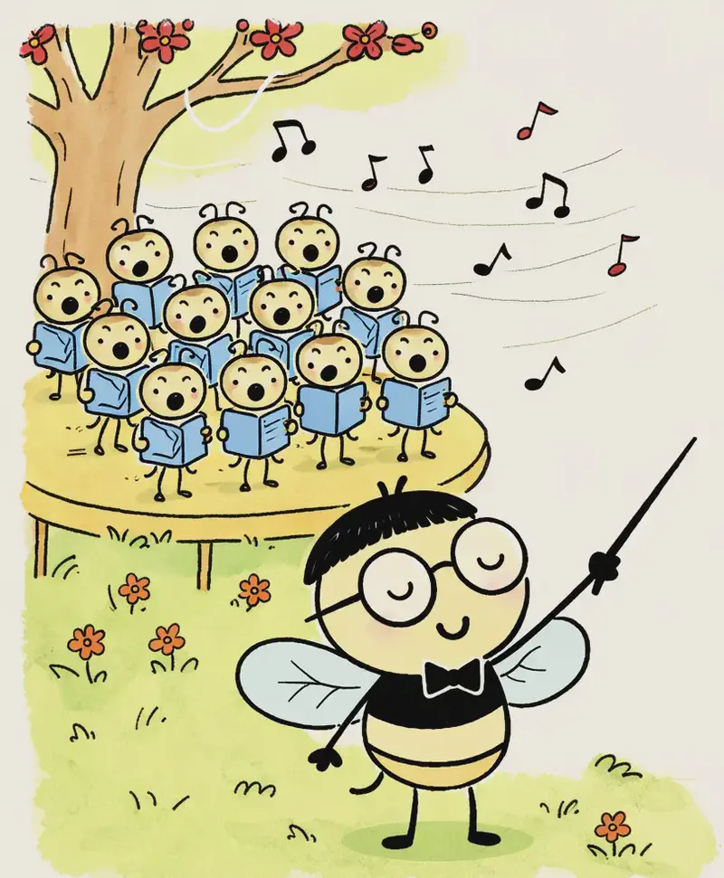 On the left side of the image, Pang stands in the foreground with eyes closed and a contented, slightly surprised smile, listening to the choir practice. Behind Pang on the left, a large group of small cicada choir members stand together on a raised outdoor stage beneath a tree with reddish blossoms, each holding open blue songbooks and singing. Musical notes float through the air around the scene. The setting is a bright, sunny outdoor park or yard with green grass and small orange flowers dotting the ground.