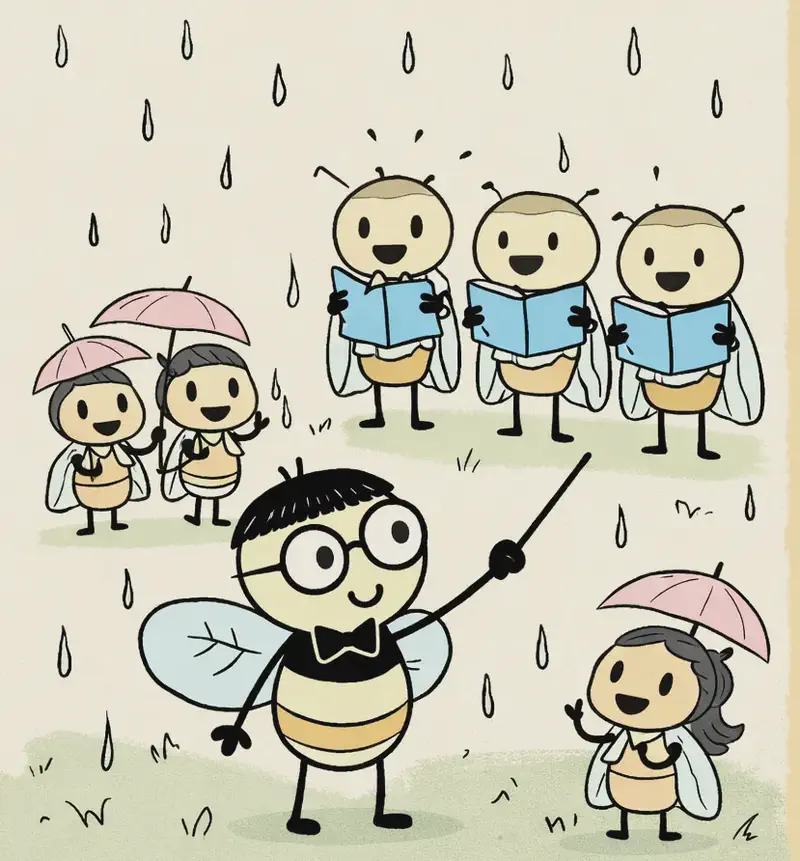 On the left side of the image, Pang stands confidently in the foreground at the bottom-left with a determined, cheerful expression, holding a conductor's baton and waving it with a sharp flick of his wrist as he addresses the crowd. Around him on the left, several insect characters are gathered on a grassy outdoor stage area in light rain — some hold tiny umbrellas, others look up with happy, relieved expressions, cheering. Cicada choir members stand behind Pang with blue songbooks raised, ready to sing again. The right ~40% of the image is plain warm beige/tan background with no characters or detail.