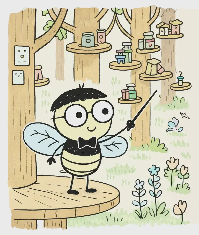 On the left side of the image, Pang stands on a wooden platform built around a tree trunk, holding a conductor's baton in one hand with a slightly nervous but determined expression — wide eyes behind round black-rimmed glasses and a small, uncertain smile. His pale yellow body and cream-and-black striped abdomen are visible, along with his black bow tie and translucent light blue wings. Behind him, a woodland neighborhood is visible with multiple tree stumps and trunks fitted with small wooden platforms, shelves, and tiny structures forming an insect-sized village among tall trees, green grass, and wildflowers below. The scene is warmly lit in soft daytime light, with the right ~40% left as plain warm beige background.