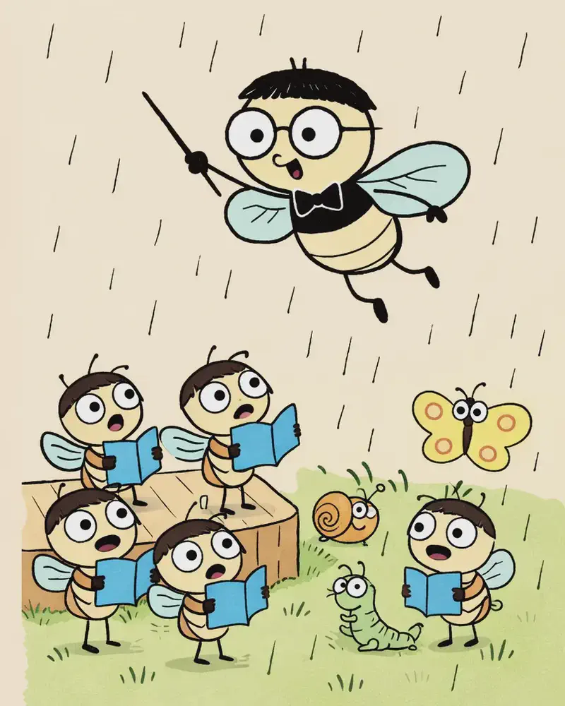 On the right side of the image, Pang hovers in the air with translucent light blue wings spread wide, facing outward with a determined, commanding expression and large round eyes behind his glasses, as if addressing all the insects below. Below and around him on the right, several smaller cicadas stand on wooden steps or on the grass, holding blue songbooks and looking up with worried or surprised expressions. Scattered across the grassy ground are other forest insects — a butterfly, a snail, and a caterpillar — appearing anxious. The left ~40% of the image is a plain warm tan/beige background. The scene is set outdoors on green grass with light rain falling across the scene.