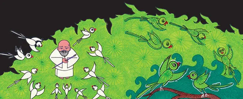 A man in white holds pruning shears surrounded by white and green birds on a green patterned hillside.