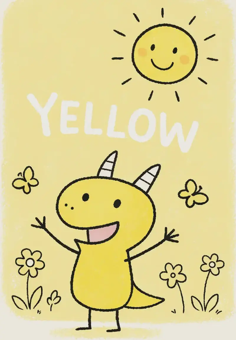 On the right side of the image, Yellow Dinosaur stands smiling cheerfully, surrounded by a warm yellow scene filled with sunshine imagery. A happy sun with a smiling face shines in the upper right corner, and small yellow flowers and butterflies dot the background around Yellow Dinosaur. The word "YELLOW" is displayed prominently in white text on the right side. The left ~40% of the image is left as a plain light background for text overlay.