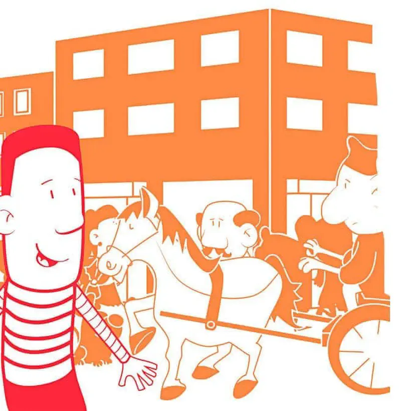 A happy boy in red waves at a horse cart, cyclist, and other people on an orange city street with buildings.