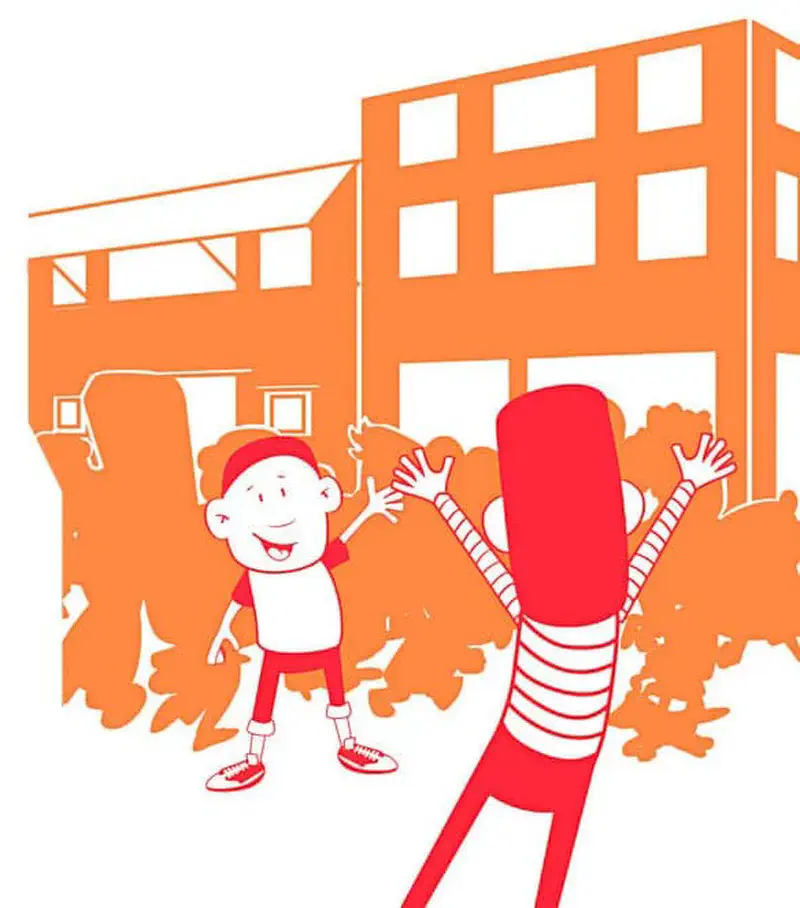Two happy boys in red, one waving excitedly, greet each other in front of orange city buildings.