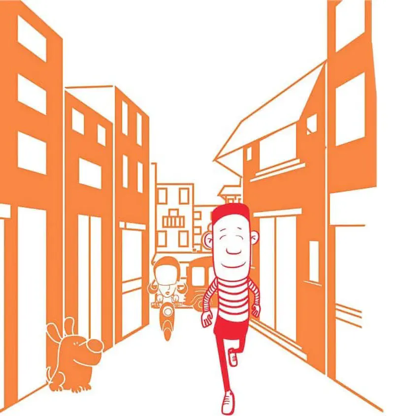 A boy in red striped shirt and cap walks happily down an orange city street with a dog and scooter rider behind.